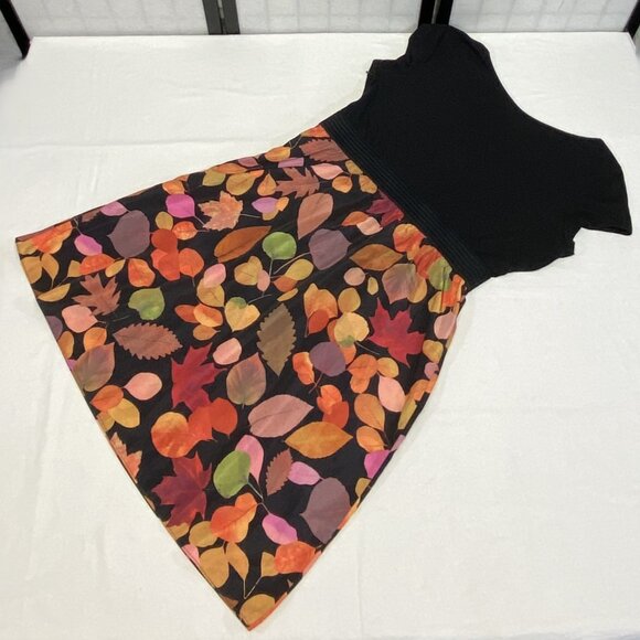 Isaac Mizrahi Leaf Print V Neck Cap Sleeve Elastic Waist Midi Dress Black Orange - Picture 9 of 13